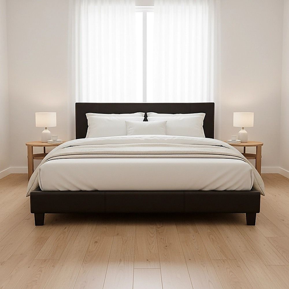 King PU Leather Bed Frame Brown