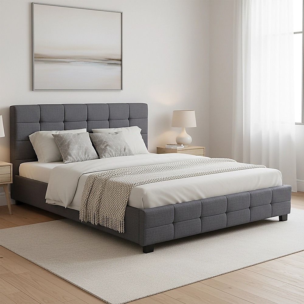 Linen Fabric Queen Deluxe Bed Frame Grey