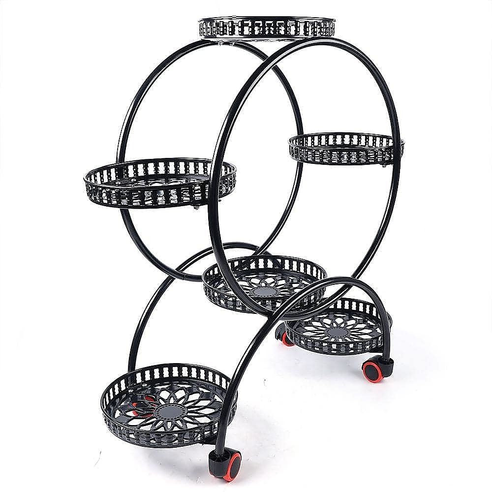 6 Pot Plant Stand with Wheels 4 Tier Rolling Plant Shelf Flower Display Rack Black