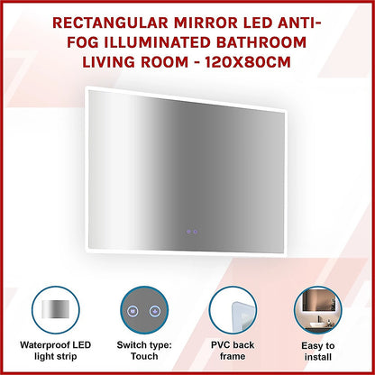 Rectangular Mirror LED Anti-Fog Illuminated Bathroom Living Room - 120x80cm