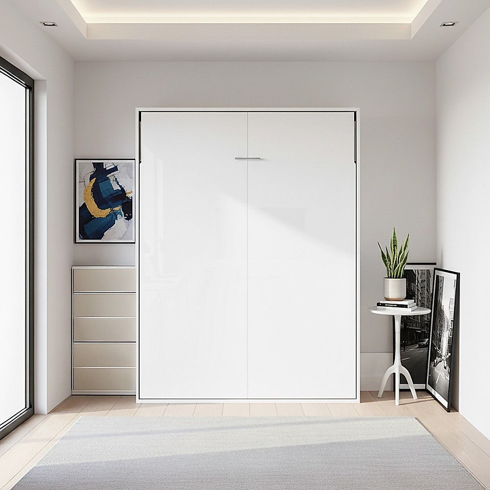 Double Wall Bed in White Gloss – Space Saving Murphy Bed Kit with Silver Door Handle