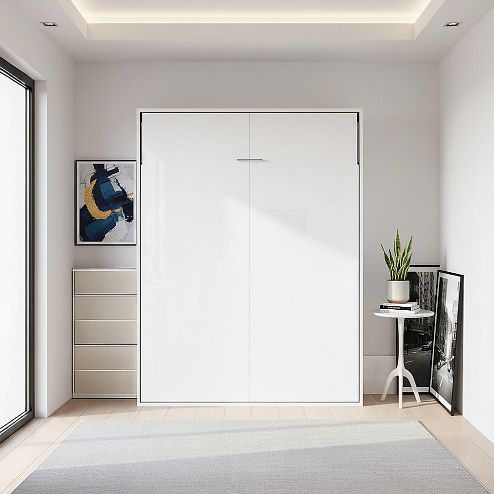 Double Wall Bed in White Gloss – Space Saving Murphy Bed Kit with Silver Door Handle