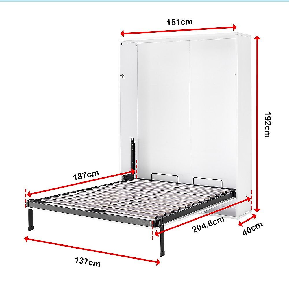Double Wall Bed in White Gloss – Space Saving Murphy Bed Kit with Black Door Handle