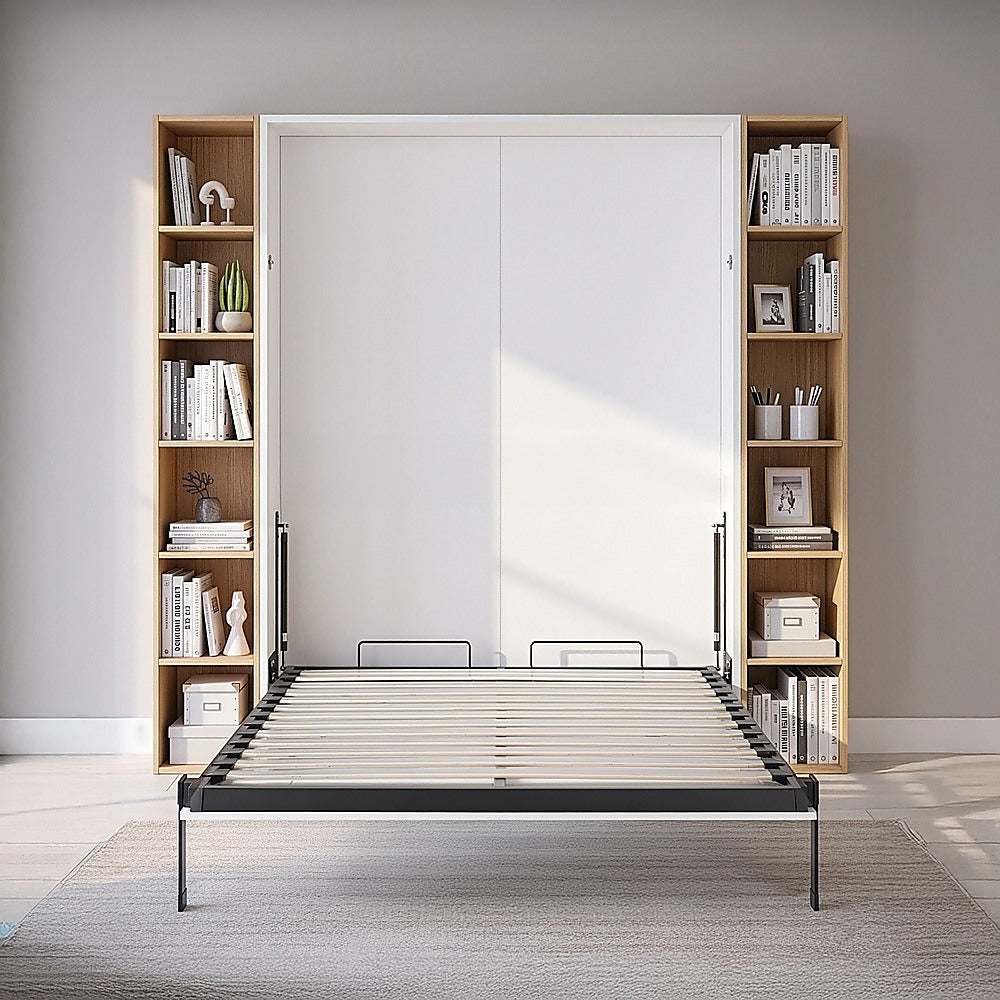 Double Wall Bed in White Gloss – Space Saving Murphy Bed Kit with Black Door Handle