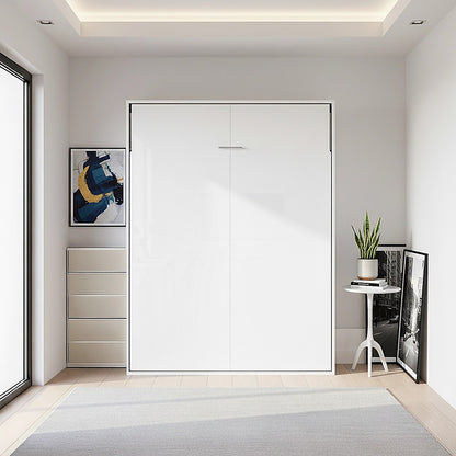 Double Wall Bed in White Gloss – Space Saving Murphy Bed Kit with Black Door Handle