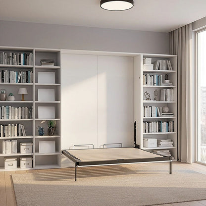 Double Wall Bed in White Gloss – Space Saving Murphy Bed Kit with Gold Door Handle