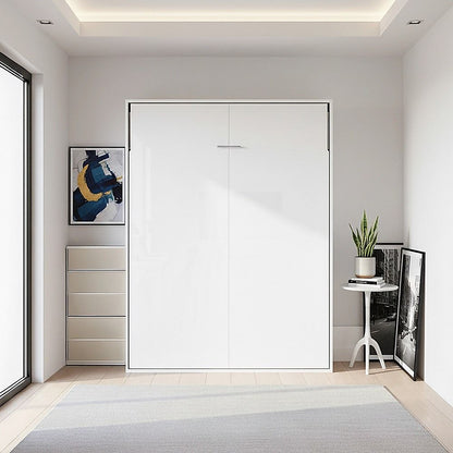 Double Wall Bed in White Gloss – Space Saving Murphy Bed Kit with Gold Door Handle