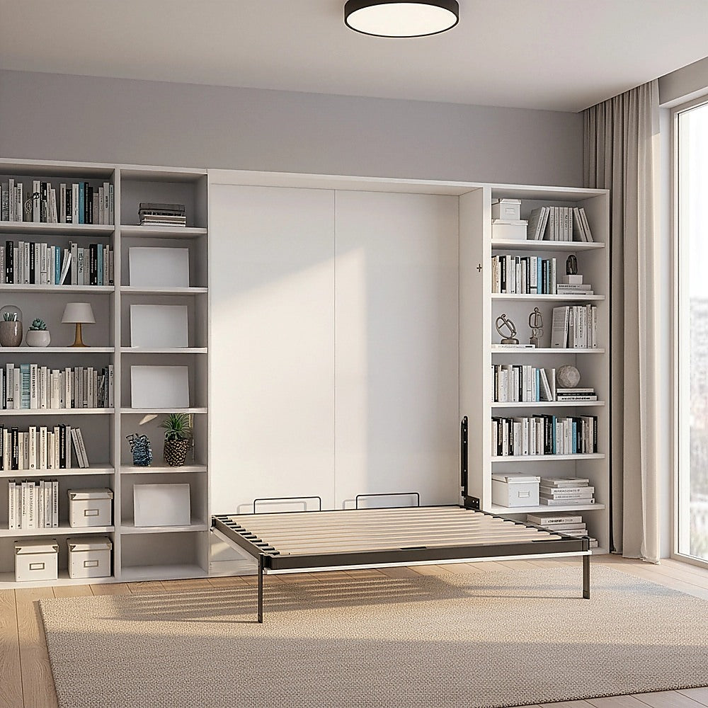 Double Wall Bed in White Gloss – Space Saving Murphy Bed Kit with Gold Door Handle