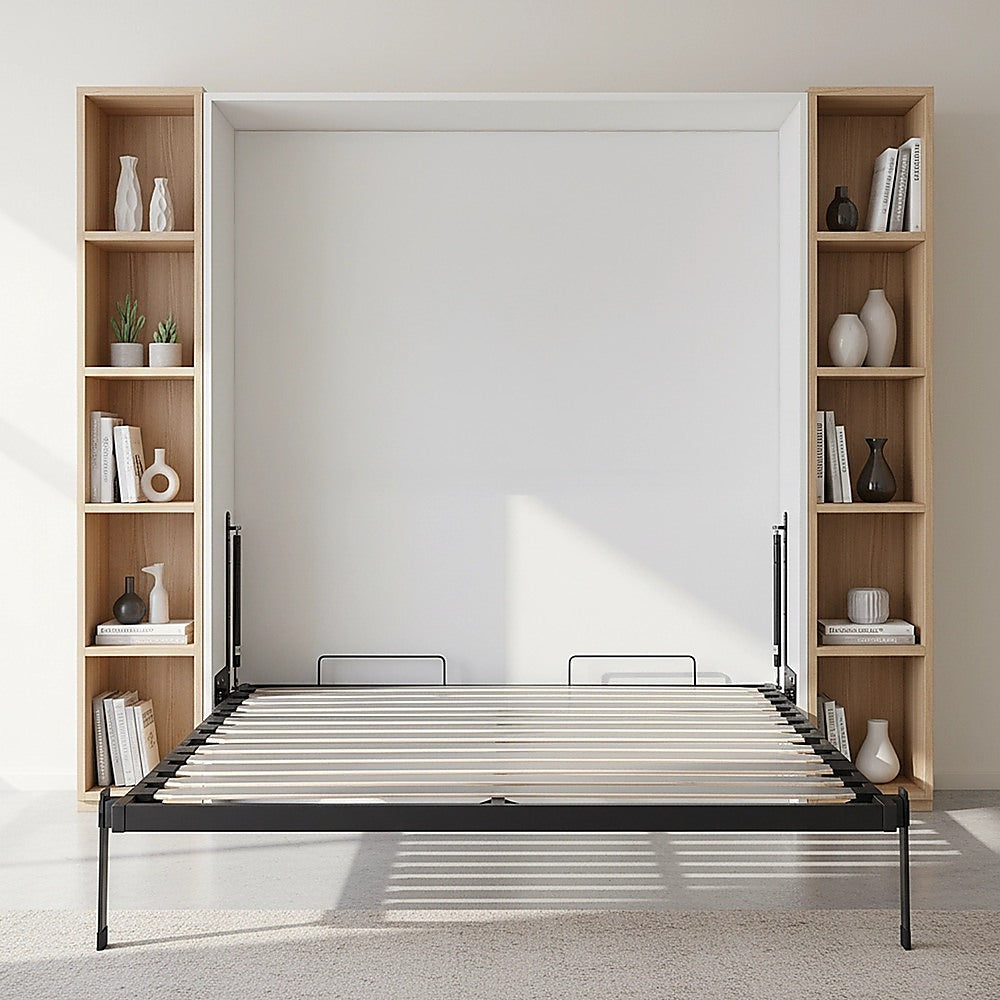 Double Wall Bed in White Gloss – Space Saving Murphy Bed Kit with Gold Door Handle