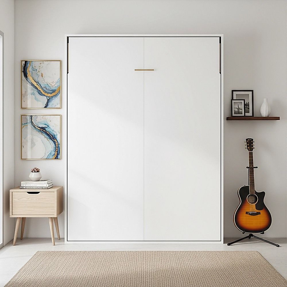 Double Wall Bed in White – Space Saving Murphy Bed Kit with Black Door Handle