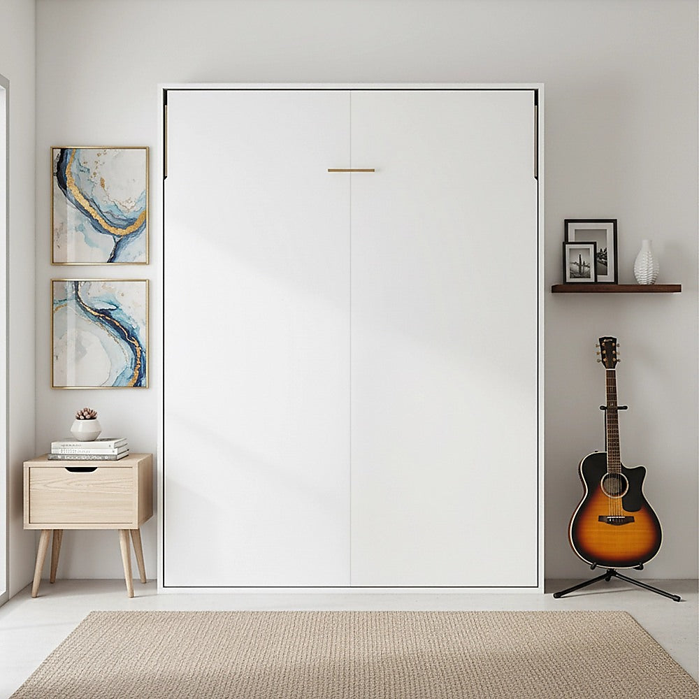Double Wall Bed in White – Space Saving Murphy Bed Kit with Black Door Handle