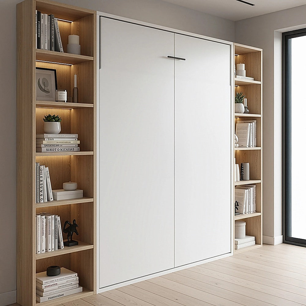 Double Wall Bed in White – Space Saving Murphy Bed Kit with Gold Door Handle