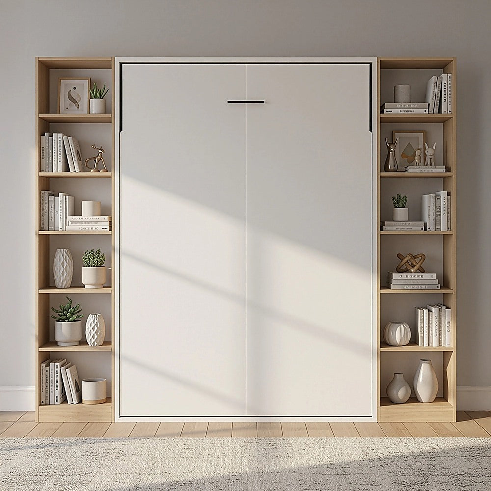 Double Wall Bed in White – Space Saving Murphy Bed Kit with Gold Door Handle