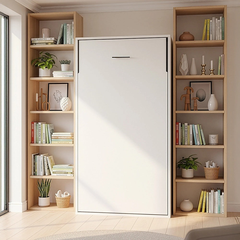Single Wall Bed in White Gloss – Space Saving Murphy Bed Kit with Silver Door Handle