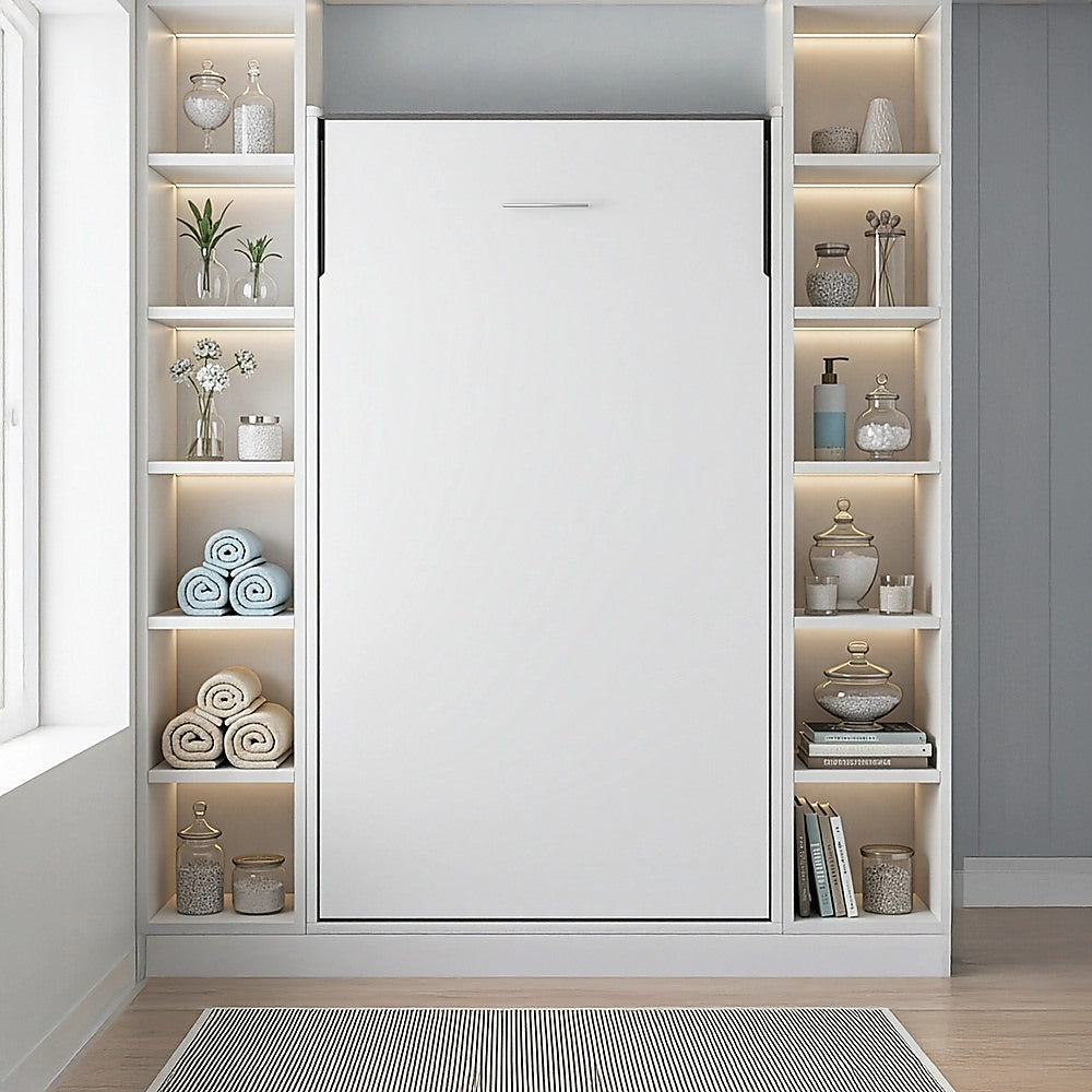 Single Wall Bed in White Gloss – Space Saving Murphy Bed Kit with Silver Door Handle
