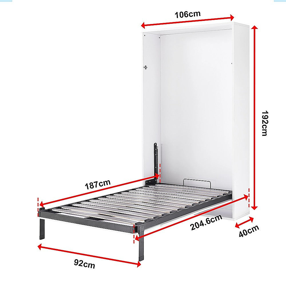 Single Wall Bed in White Gloss – Space Saving Murphy Bed Kit with Silver Door Handle