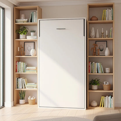 Single Wall Bed in White Gloss – Space Saving Murphy Bed Kit with Black Door Handle