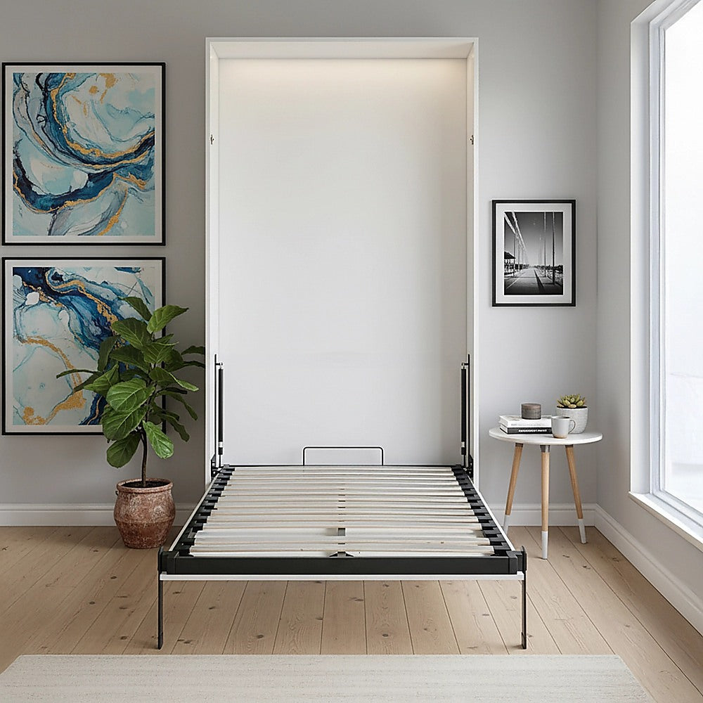 King-single Wall Bed in White Gloss – Space Saving Murphy Bed Kit with Silver Door Handle