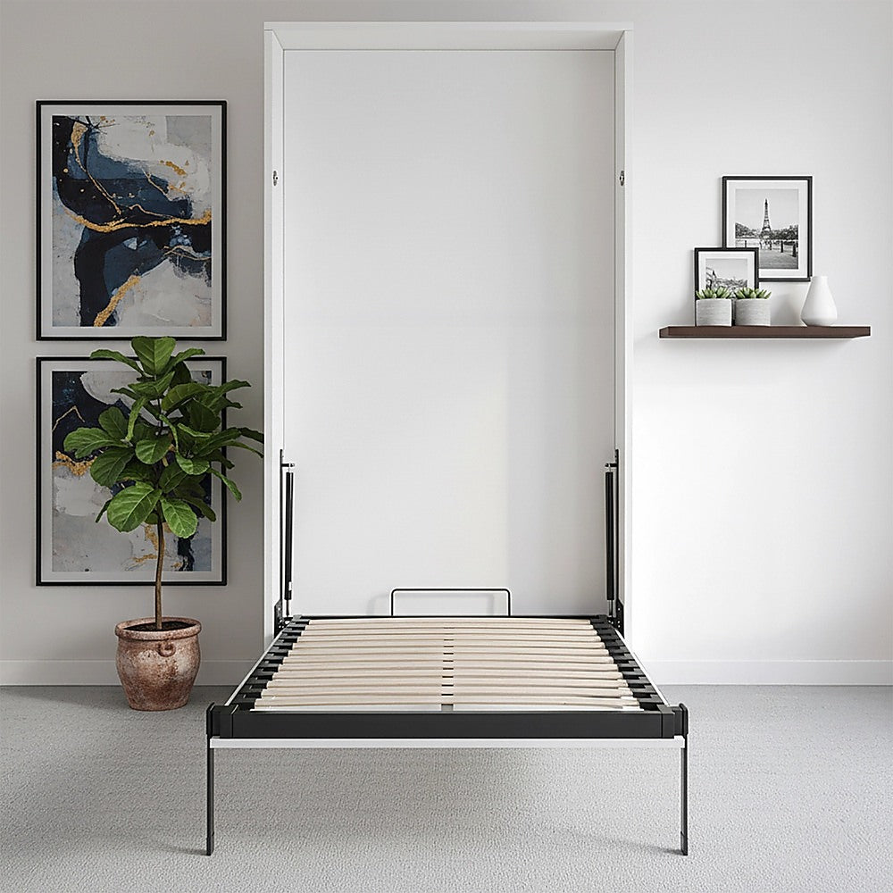 King-single Wall Bed in White – Space Saving Murphy Bed Kit with Silver Door Handle