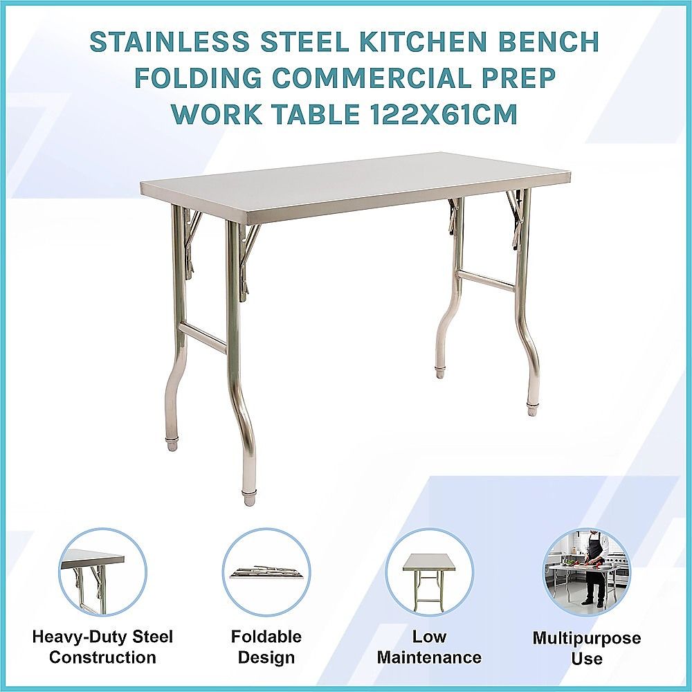 Stainless Steel Kitchen Bench Folding Commercial Prep Work Table 122x61cm