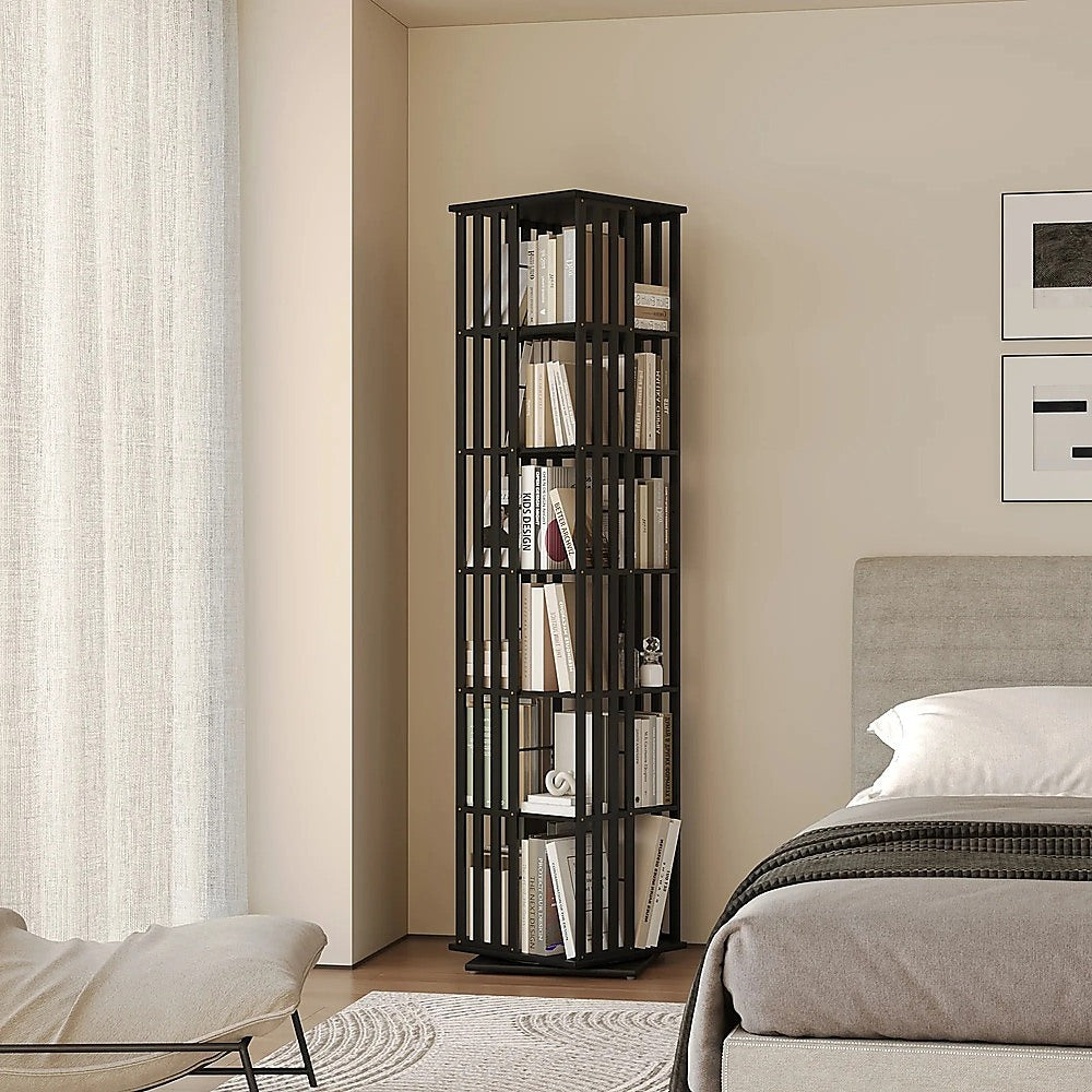 360 Rotating Bookshelf Bamboo Storage Display Rack Shelving in Black