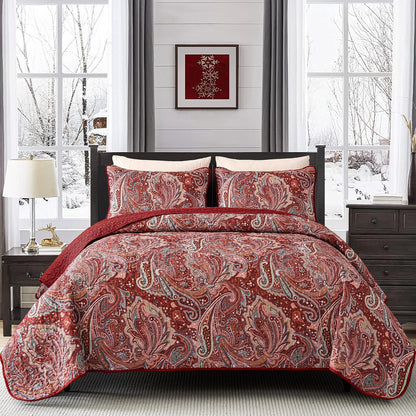 Red Paisley Floral Haven Bedspread Coverlet 3 Piece Set