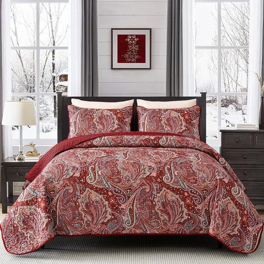 Red Paisley Floral Haven Bedspread Coverlet 3 Piece Set