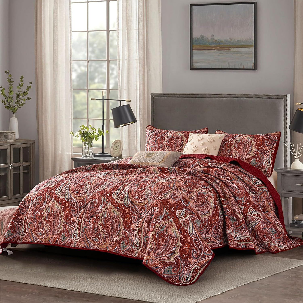 Red Paisley Floral Haven Bedspread Coverlet 3 Piece Set