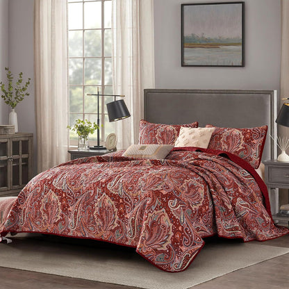 Red Paisley Floral Haven Bedspread Coverlet 3 Piece Set
