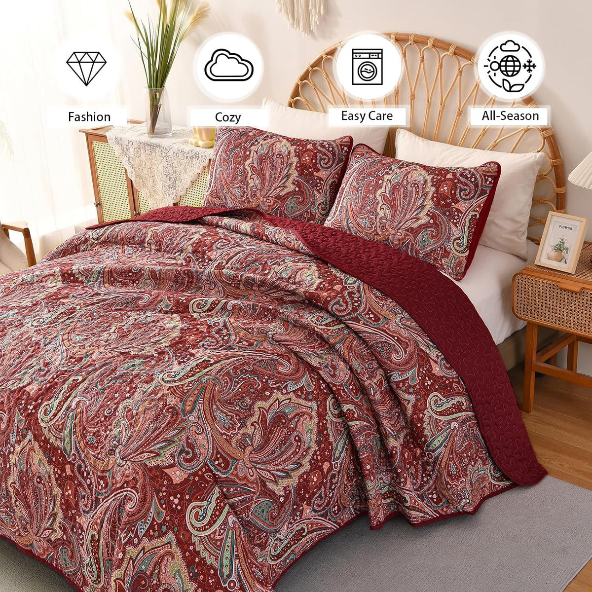 Red Paisley Floral Haven Bedspread Coverlet 3 Piece Set