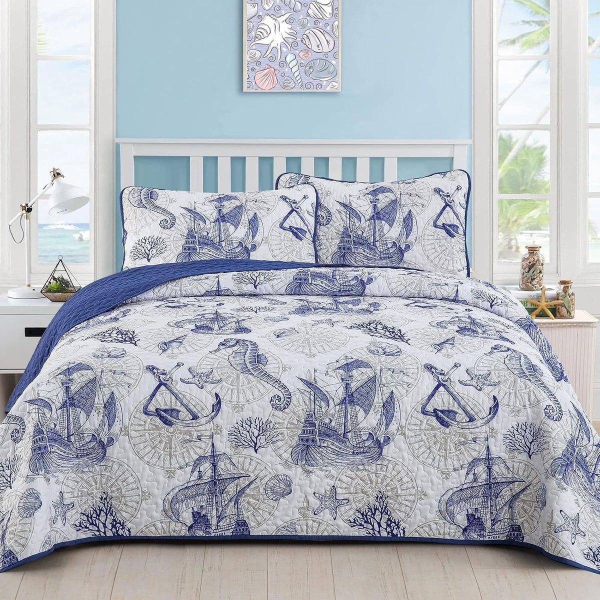 Oceanic Seahorse Haven reversible 3 Piece Bed spread Set