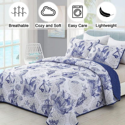 Oceanic Seahorse Haven reversible 3 Piece Bed spread Set