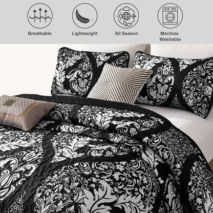 Black Damask Boho Charm Bedspread Coverlet 3 Piece Set