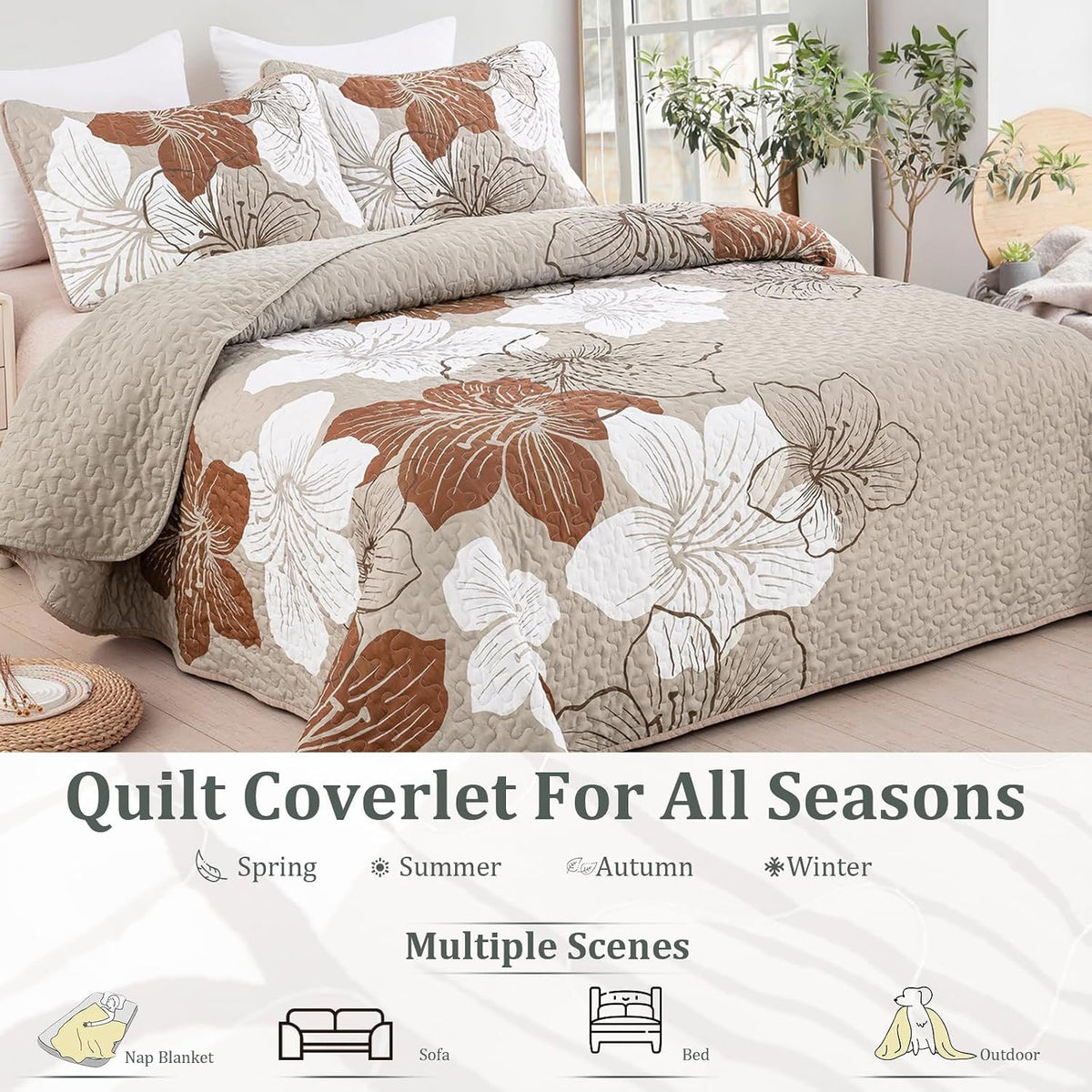 Taupe Floral Mosaic Bedspread Coverlet 3 Piece Set
