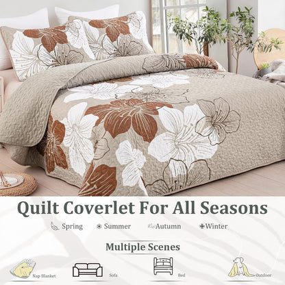 Taupe Floral Mosaic Bedspread Coverlet 3 Piece Set