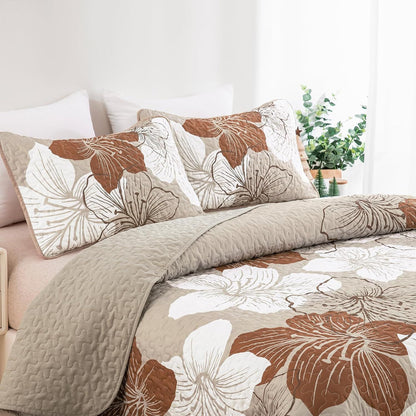 Taupe Floral Mosaic Bedspread Coverlet 3 Piece Set