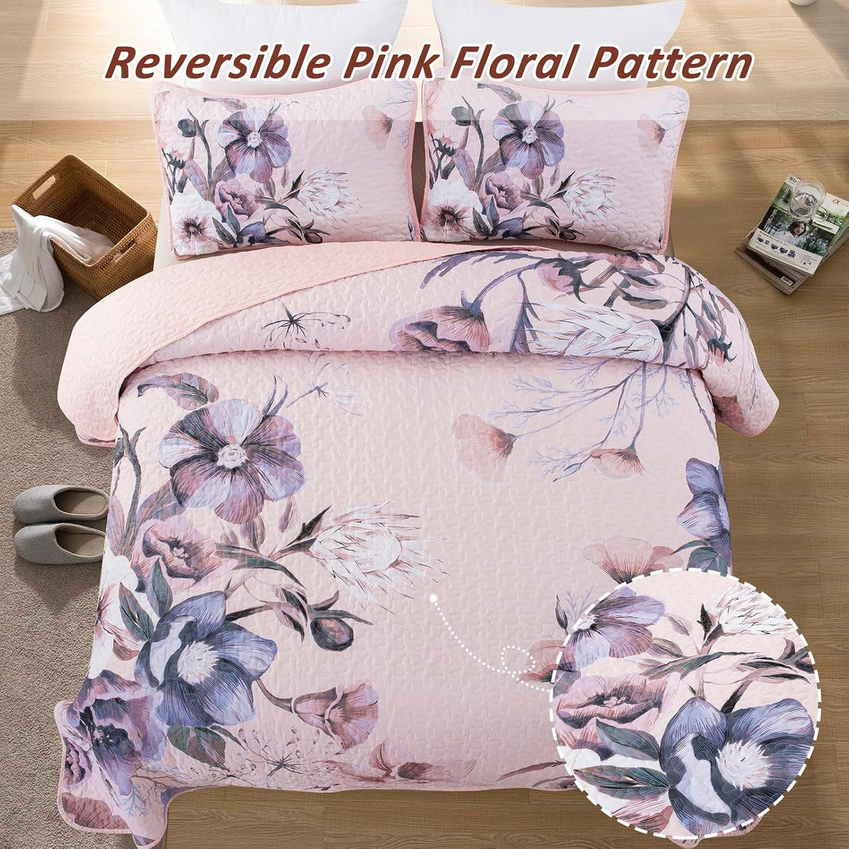 Pink Floral Dream Bedspread Coverlet 3 Piece Set