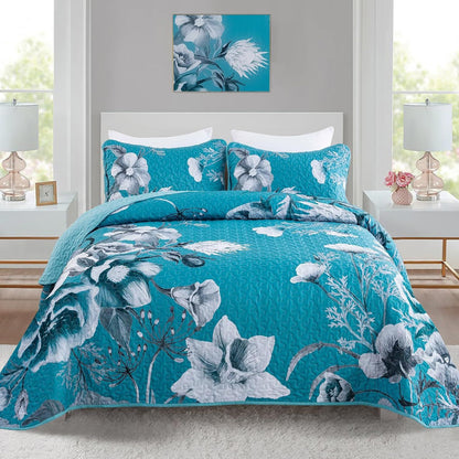 Teal Blue Floral Charm Bedspread Coverlet 3 Piece Set