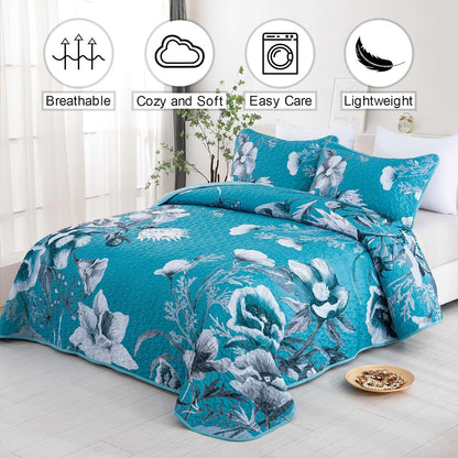 Teal Blue Floral Charm Bedspread Coverlet 3 Piece Set