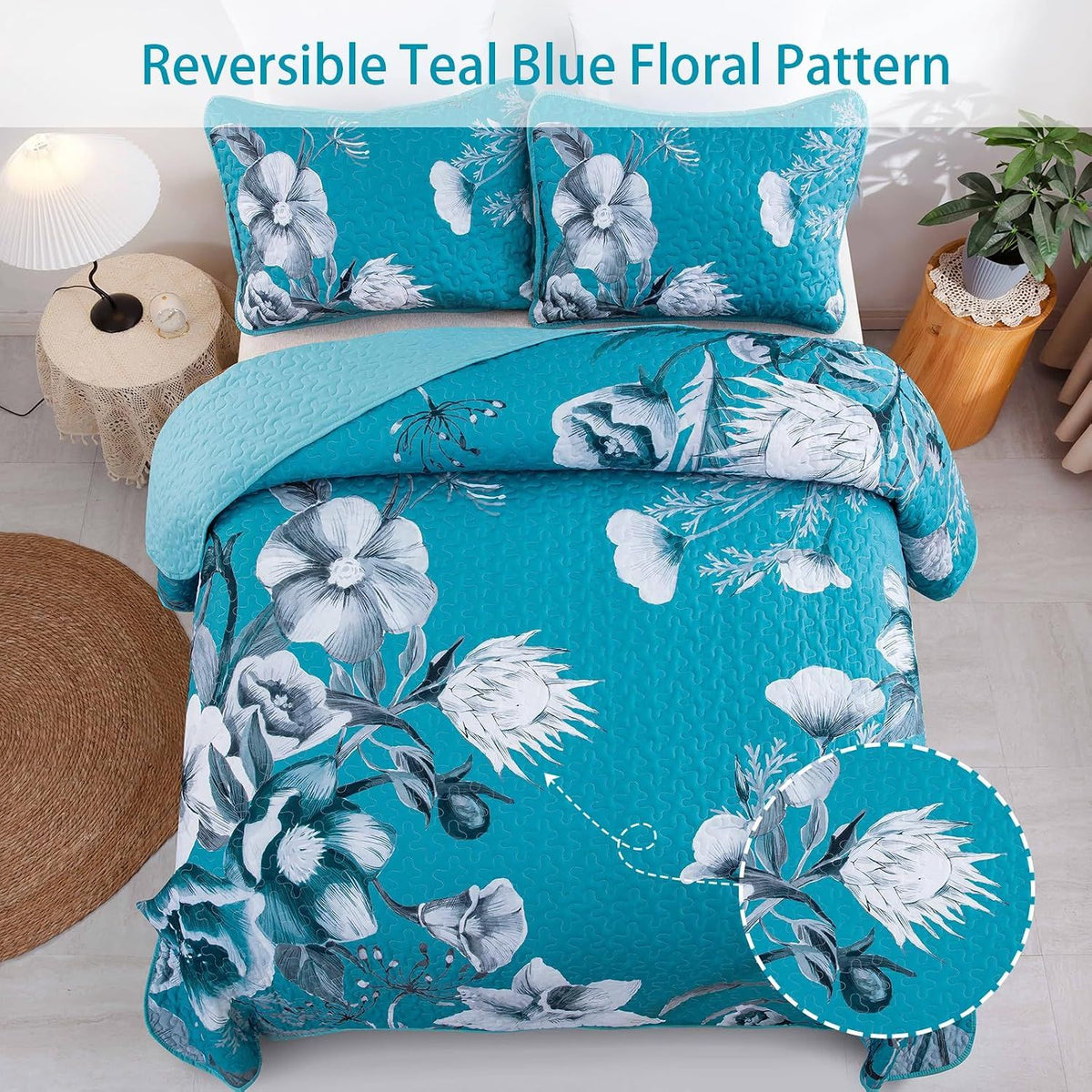 Teal Blue Floral Charm Bedspread Coverlet 3 Piece Set