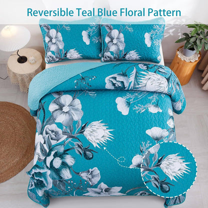 Teal Blue Floral Charm Bedspread Coverlet 3 Piece Set