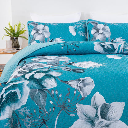 Teal Blue Floral Charm Bedspread Coverlet 3 Piece Set