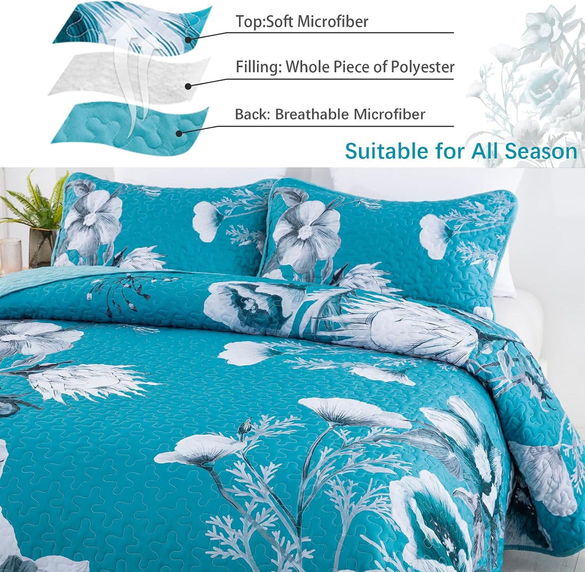 Teal Blue Floral Charm Bedspread Coverlet 3 Piece Set