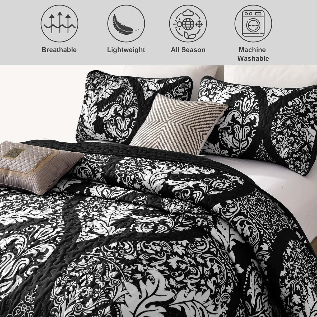Black Damask Boho Charm Bedspread Coverlet 3 Piece Set