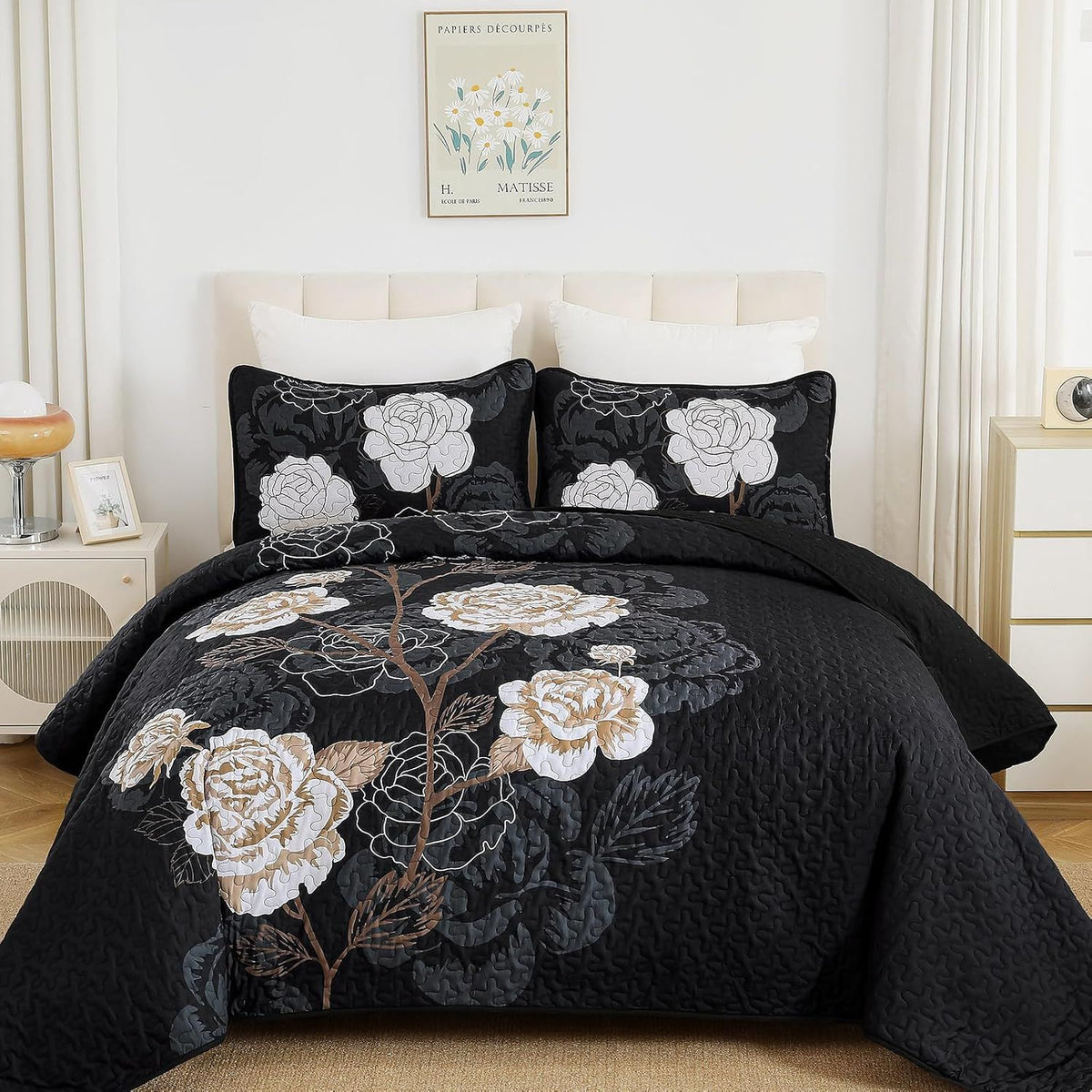Black Floral Mosaic Bedspread Coverlet 3 Piece Set