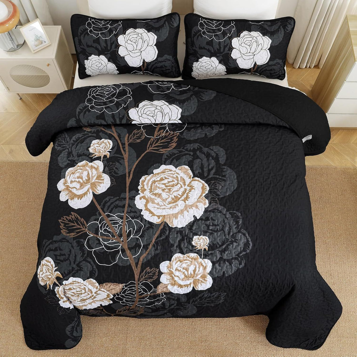 Black Floral Mosaic Bedspread Coverlet 3 Piece Set
