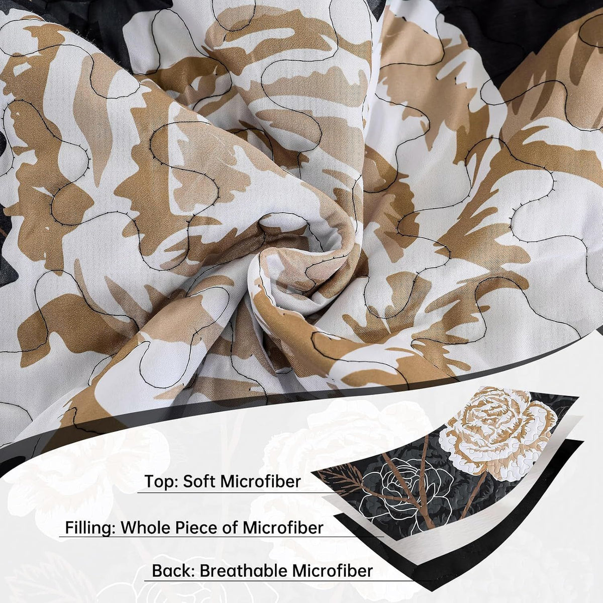 Black Floral Mosaic Bedspread Coverlet 3 Piece Set