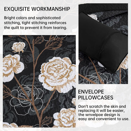 Black Floral Mosaic Bedspread Coverlet 3 Piece Set