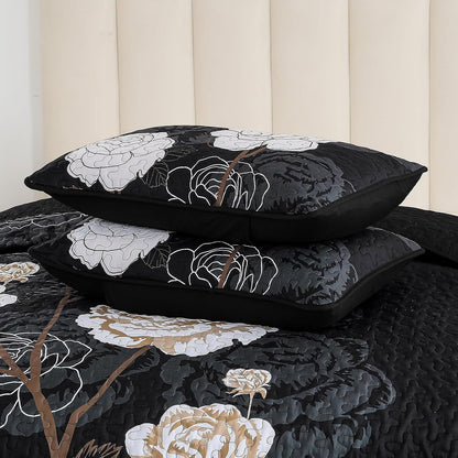 Black Floral Mosaic Bedspread Coverlet 3 Piece Set