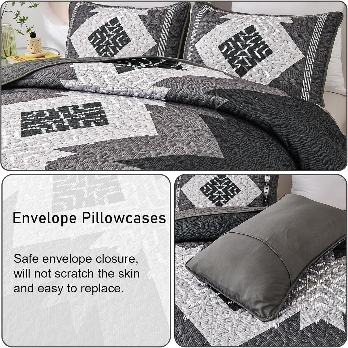 Black Aztec Boho Dream Bedspread Coverlet 3 Piece Set